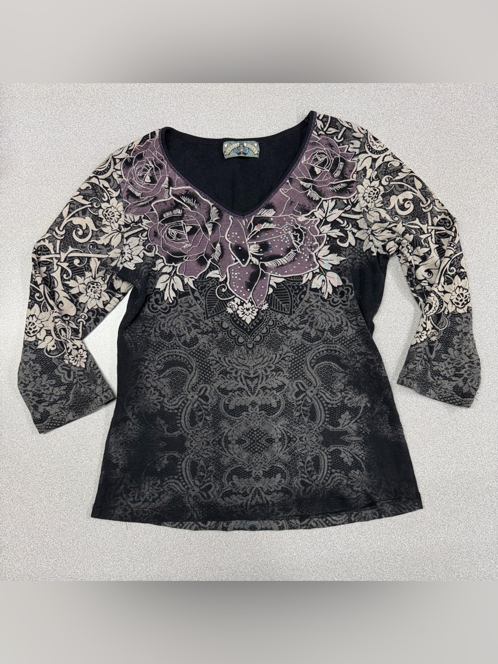 Vanilla Sugar Black and Purple 3/4 Sleeve Graphic Top